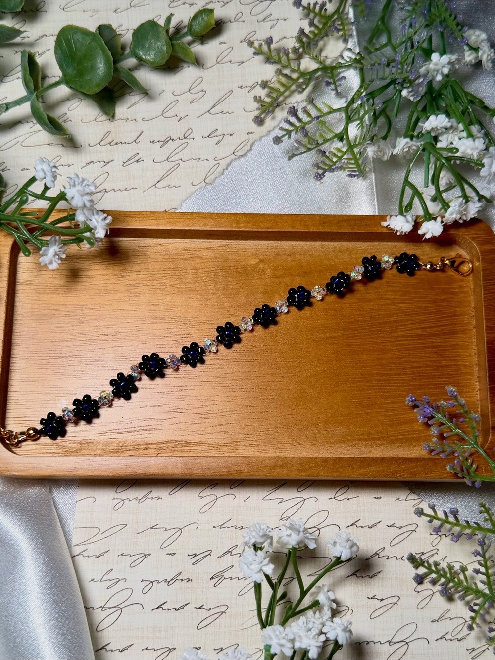 Azriel ACOTAR Inspired Handmade Black Floral Beaded Bracelet with Gold Accents